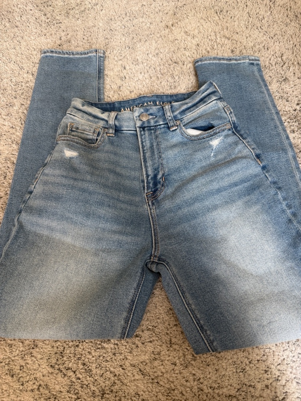 American Eagle Outfitters Distressed, Faded Light Blue Stretch Curvy Mom Jean